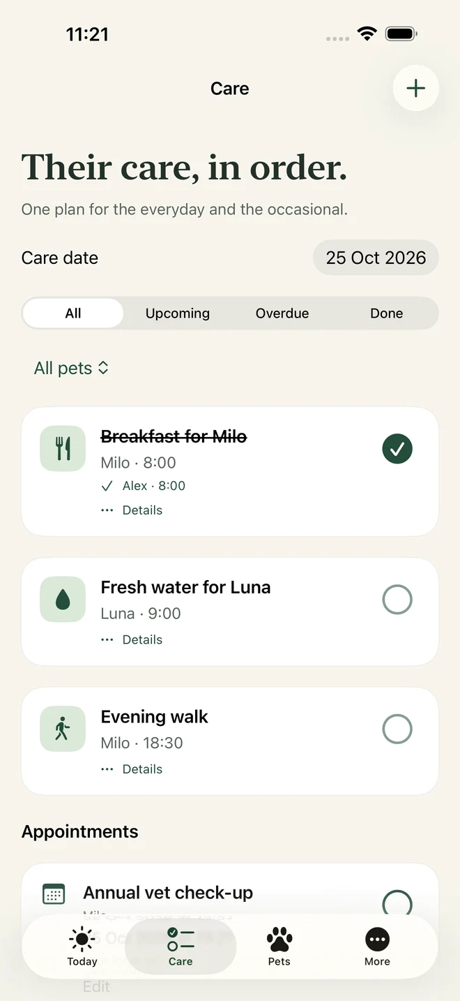 Care screen showing recurring tasks and completion controls